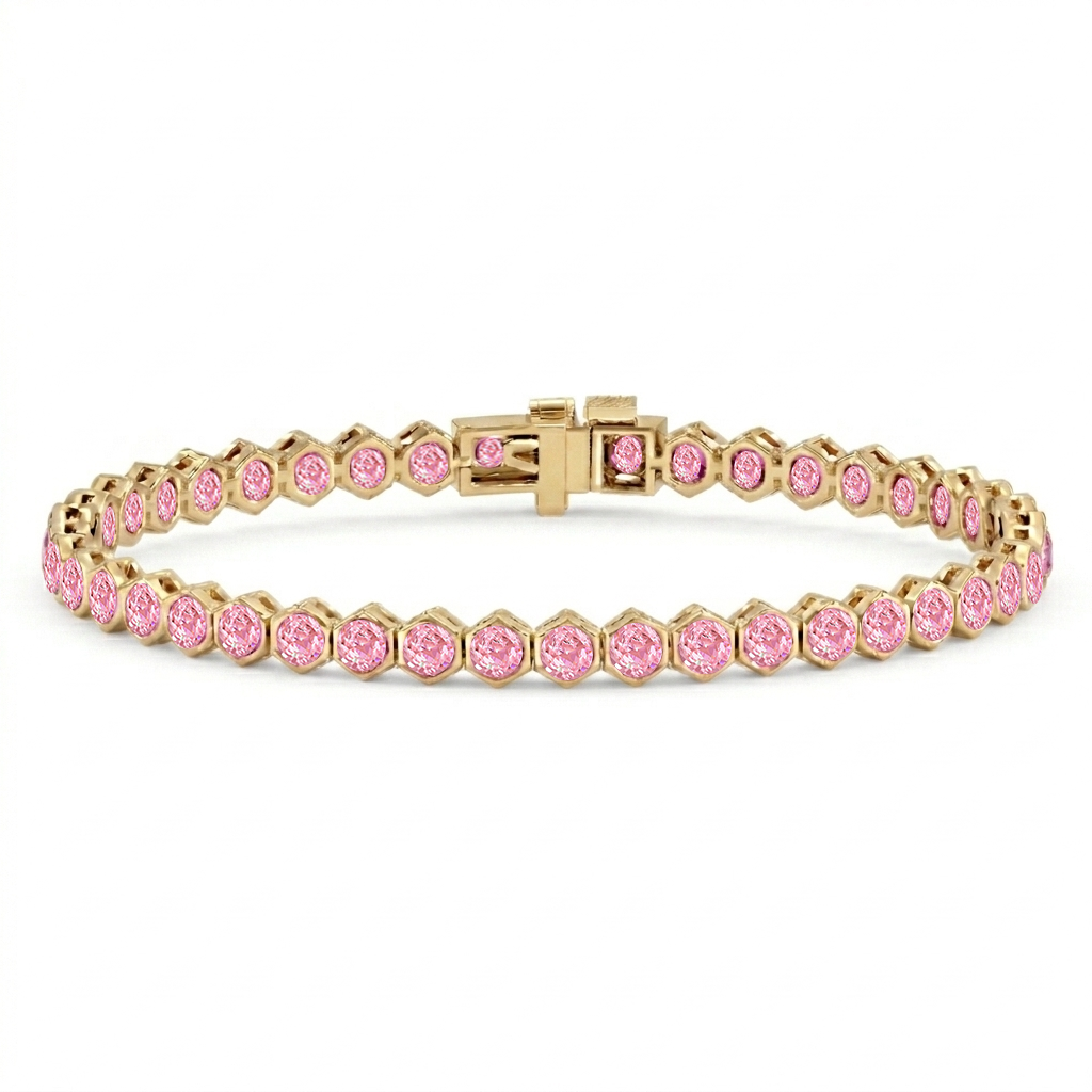 Bezel Set Natural Pink Sapphire Honeycomb Tennis Bracelet YG