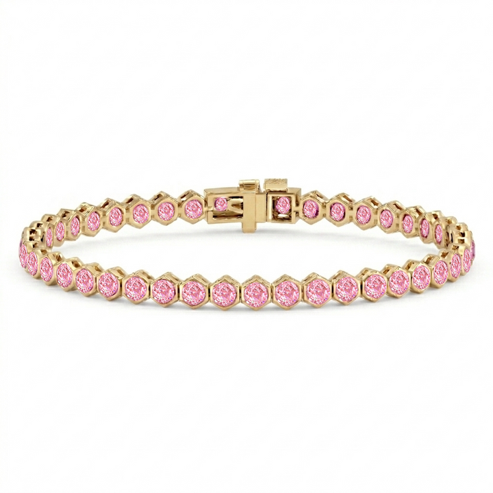 Bezel Set Natural Pink Sapphire Honeycomb Tennis Bracelet YG