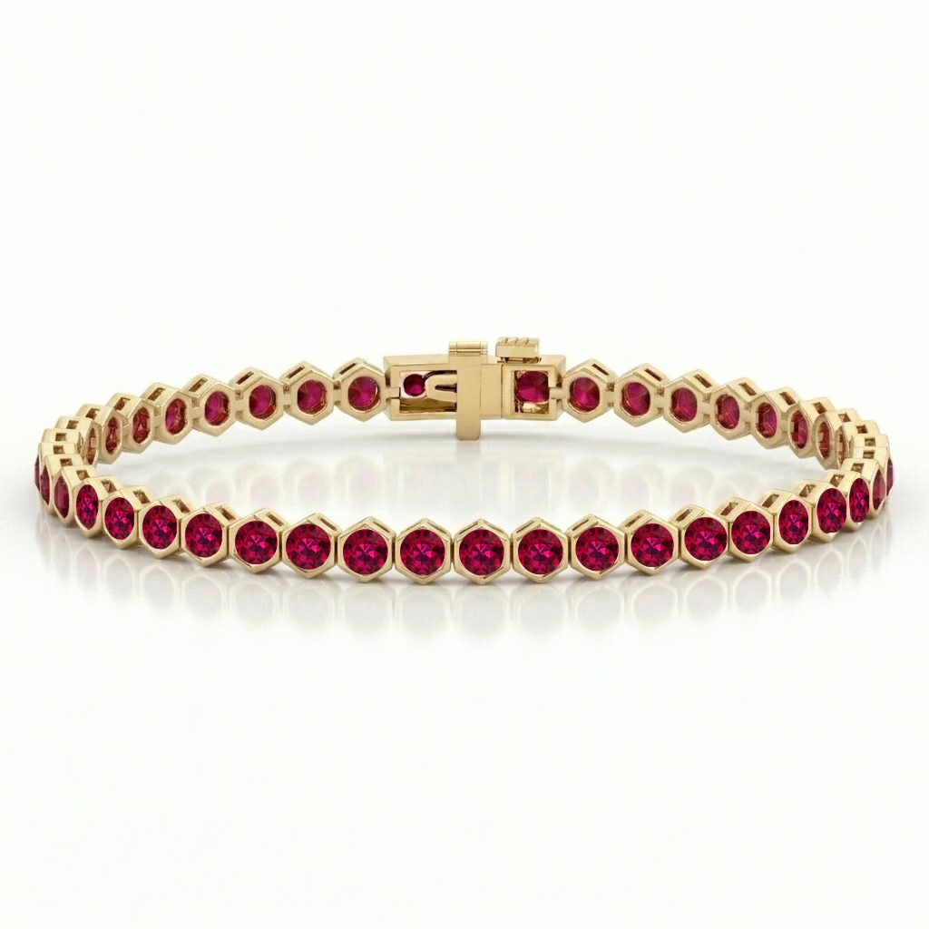Bezel Set Natural Red Ruby Honeycomb Tennis Bracelet YG