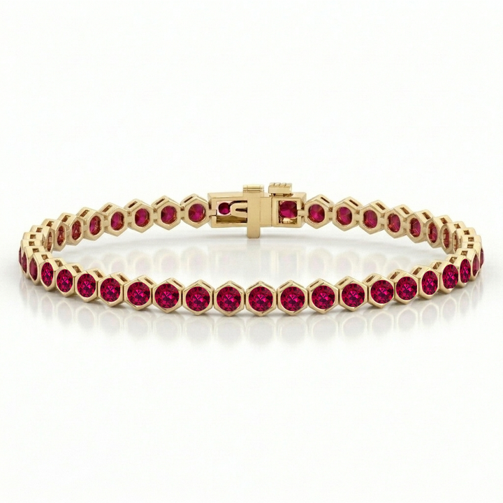 Bezel Set Natural Red Ruby Honeycomb Tennis Bracelet YG