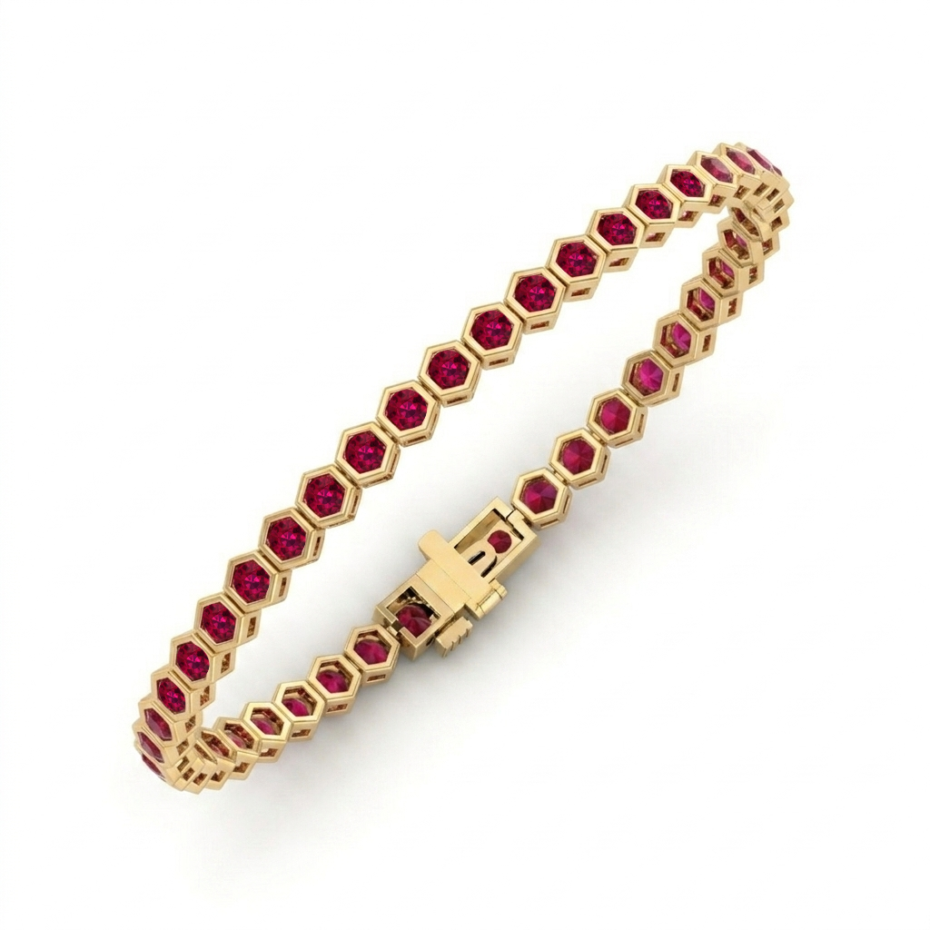 Bezel Set Natural Red Ruby Honeycomb Tennis Bracelet YG2