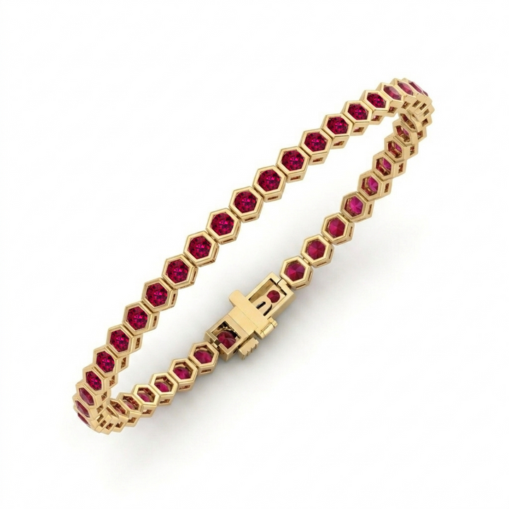 Bezel Set Natural Red Ruby Honeycomb Tennis Bracelet YG2
