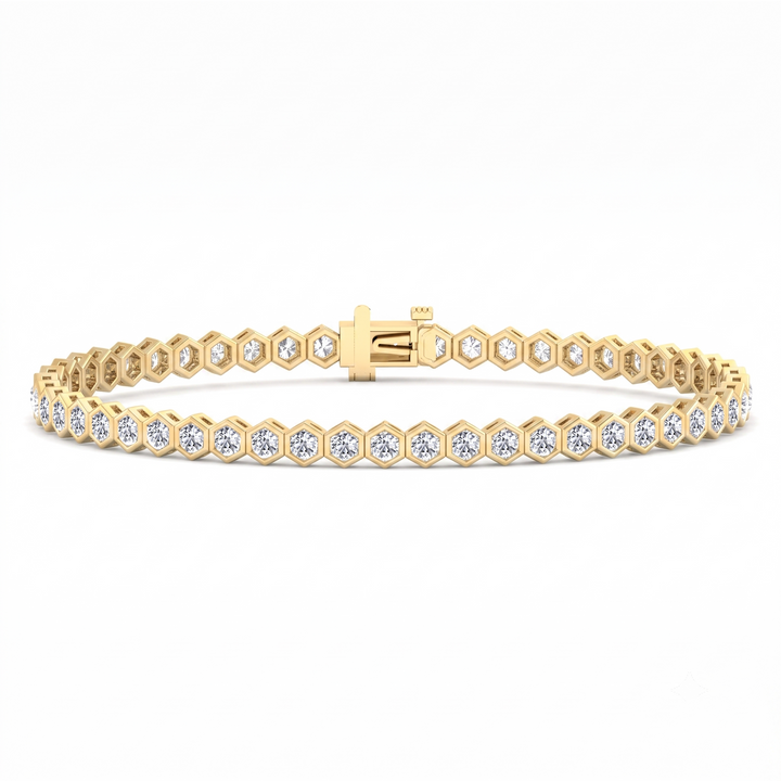 Bezel Set Natural Diamond Honeycomb Tennis Bracelet 14K Solid Gold