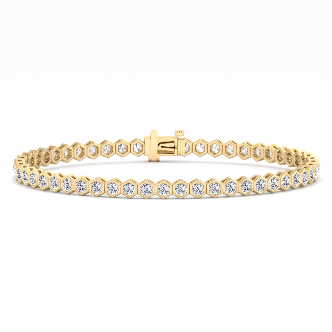 Bezel Set Natural Diamond Honeycomb Tennis Bracelet 18K Solid Gold