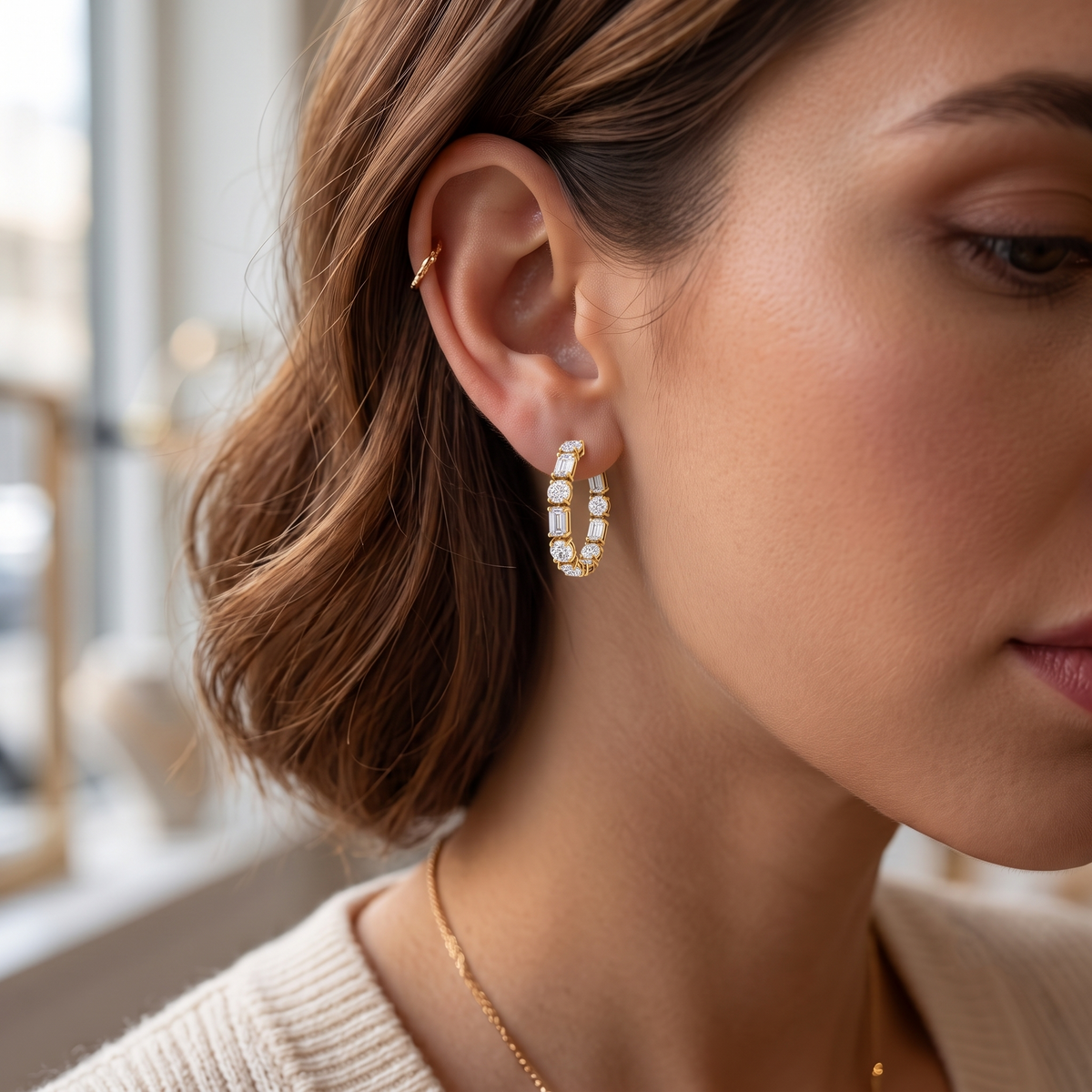 Alternating Emerald Cut and Round Natural Diamond Hoop Earrings YG lifestyle