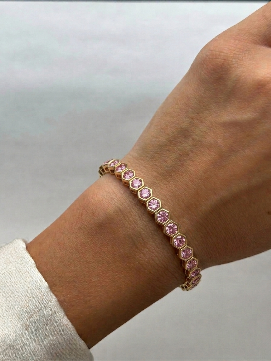 Bezel Set Natural Pink Sapphire Honeycomb Tennis Bracelet lifestyle YG