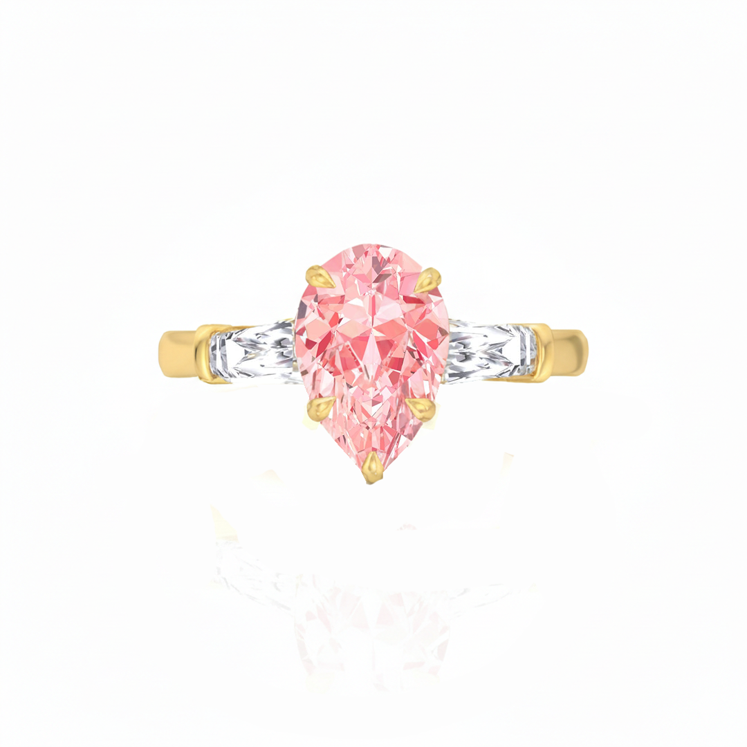 YG Pear Shape Pink Diamond Engagement Ring with Tapered Baguettes front view