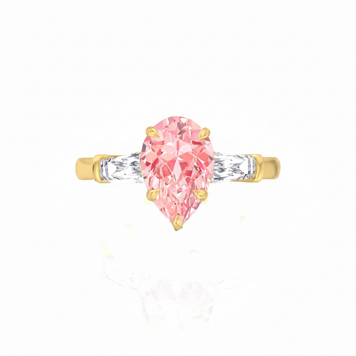 YG Pear Shape Pink Diamond Engagement Ring with Tapered Baguettes front view