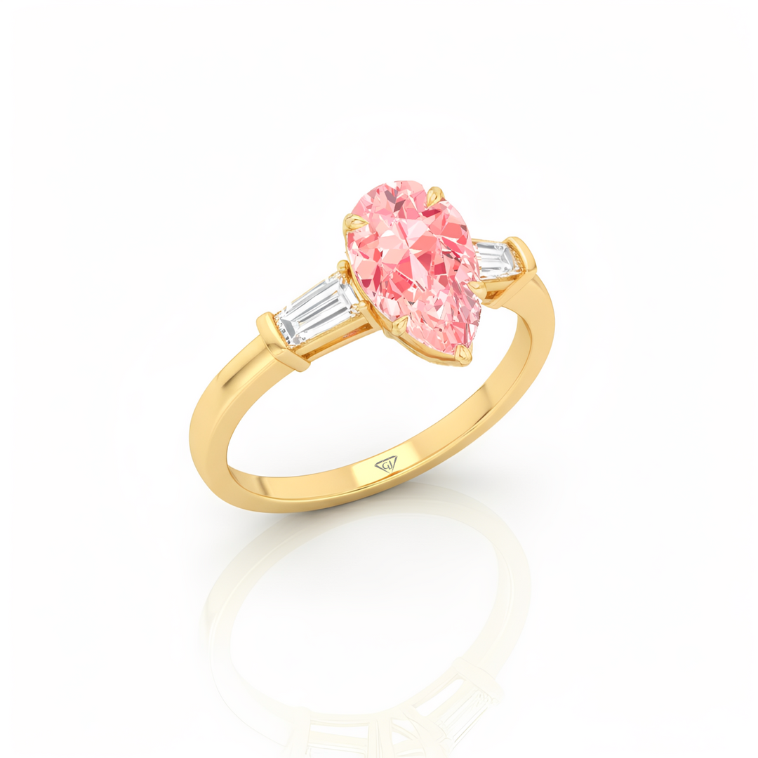 YG Pear Shape Pink Diamond Engagement Ring with Tapered Baguettes side view