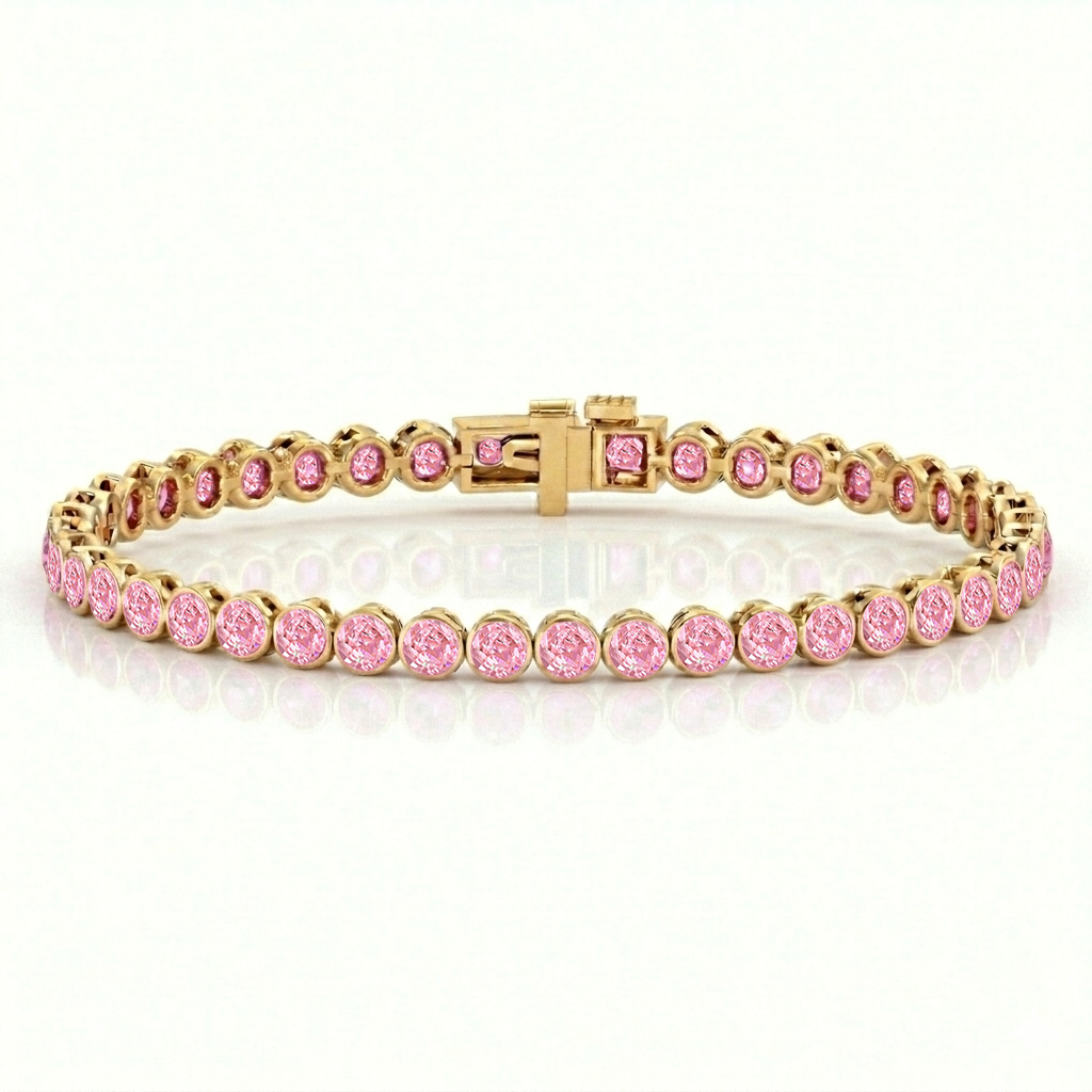 Bezel Set Natural Pink Sapphire Tennis Bracelet Yellow Gold 18K