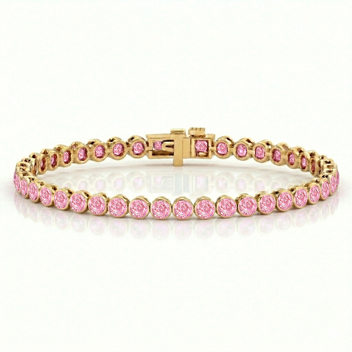 Bezel Set Natural Pink Sapphire Tennis Bracelet Yellow Gold 18K