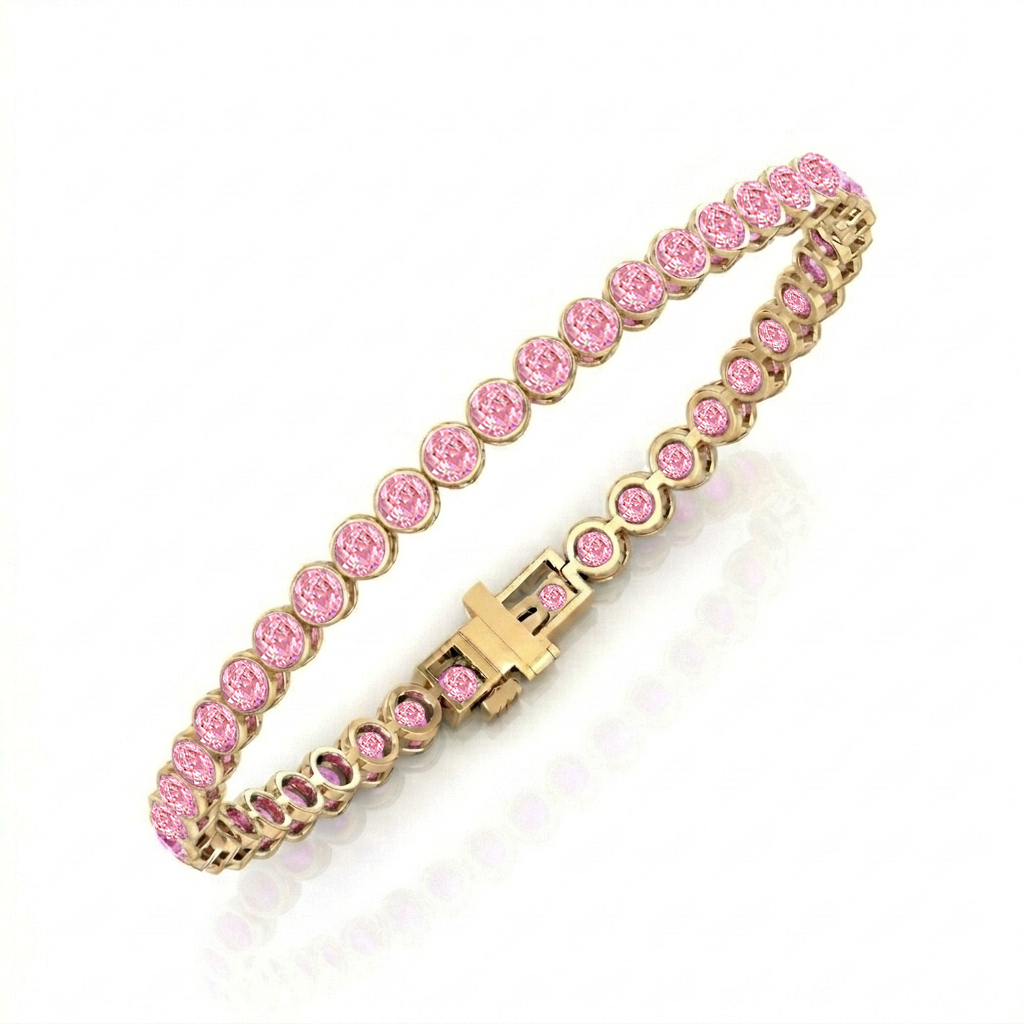 Bezel Set Natural Pink Sapphire Tennis Bracelet Yellow Gold 14K