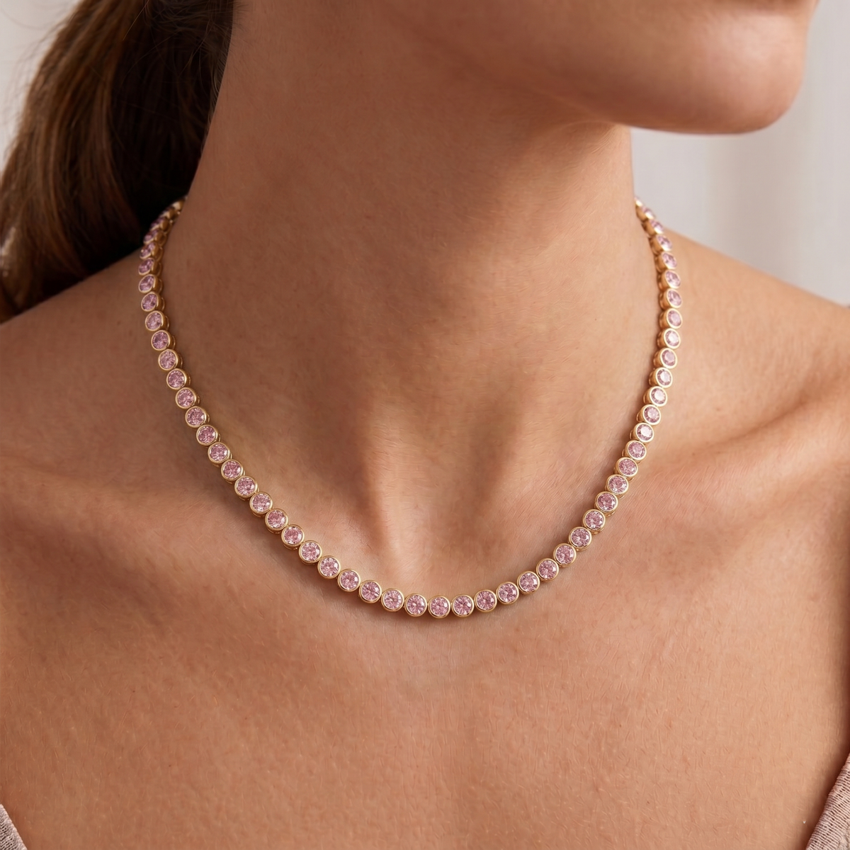 Bezel Set Natural Pink Sapphire Tennis Necklace lifestyle YG