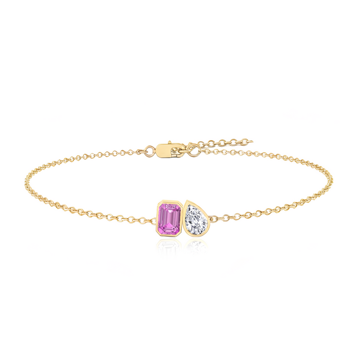 YG Pink Sapphire Emerald & Pear Shape Natural Diamond Bracelet front view