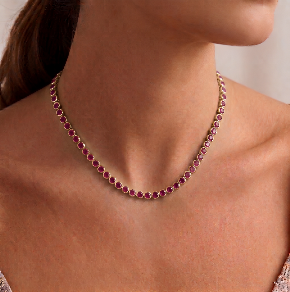 Bezel Set Natural Red Ruby Tennis Necklace lifestyle YG