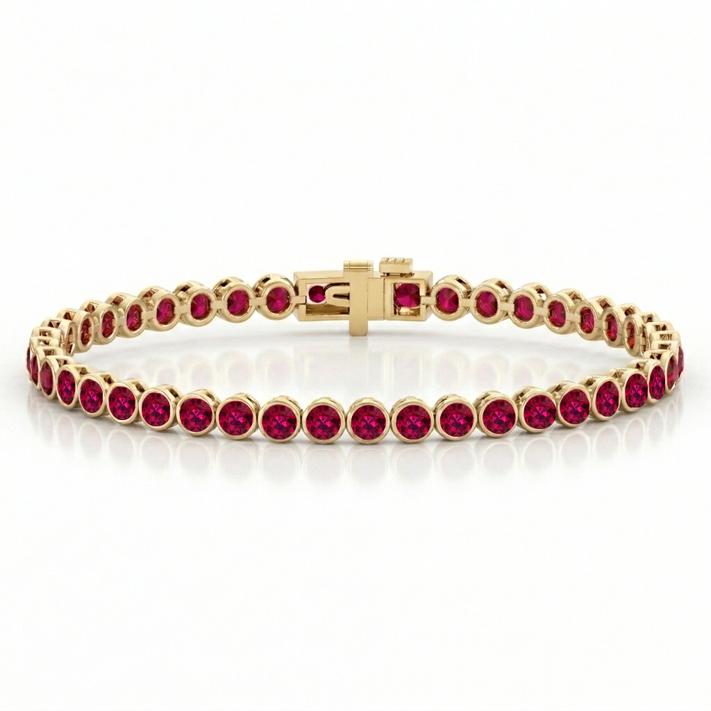 Bezel Set Natural Red Ruby Tennis Bracelet 14K Solid Gold