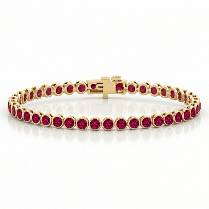 Bezel Set Natural Red Ruby Tennis Bracelet 14K Solid Gold