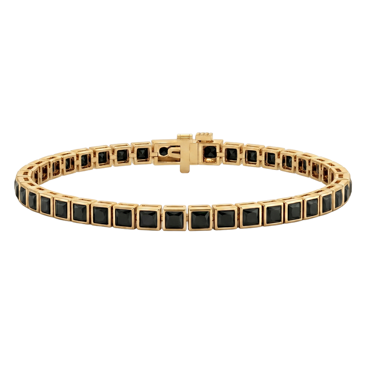 Bezel Set Princess Cut Natural Black Diamond Tennis Bracelet YG