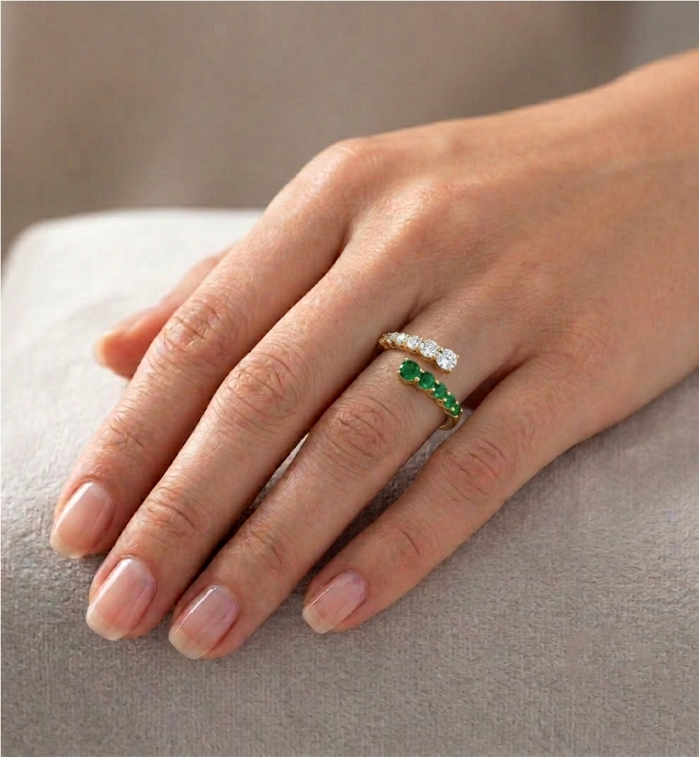 Round Cut Natural Green Emerald and Diamond Wrap Ring Lifestyle YG