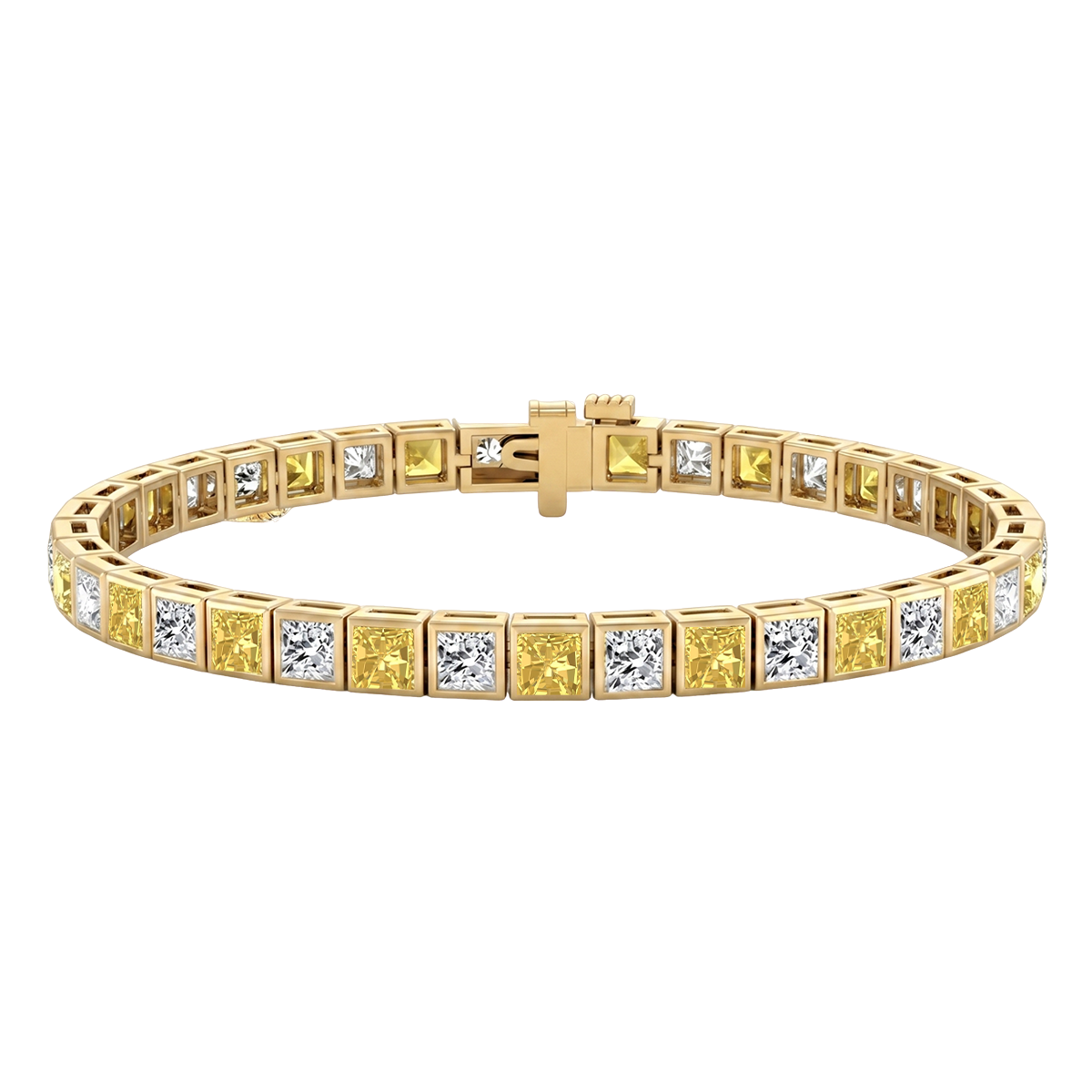 Bezel Set Princess Cut Natural Fancy Yellow & Natural Diamond Bracelet YG