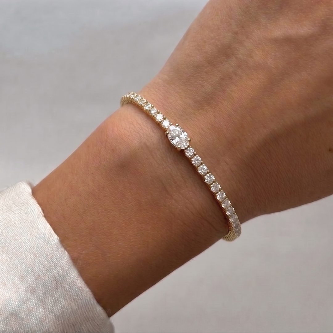 7CT T.W Oval Cut Center Stone Natural Diamond Tennis Bracelet 18K Solid Gold
