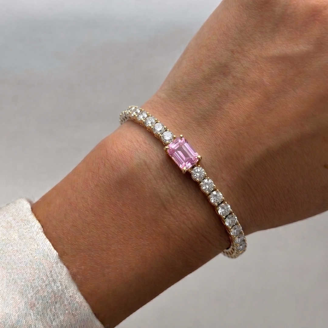 Emerald Cut Single Stone Natural Pink Sapphire & Diamond Tennis Bracelet