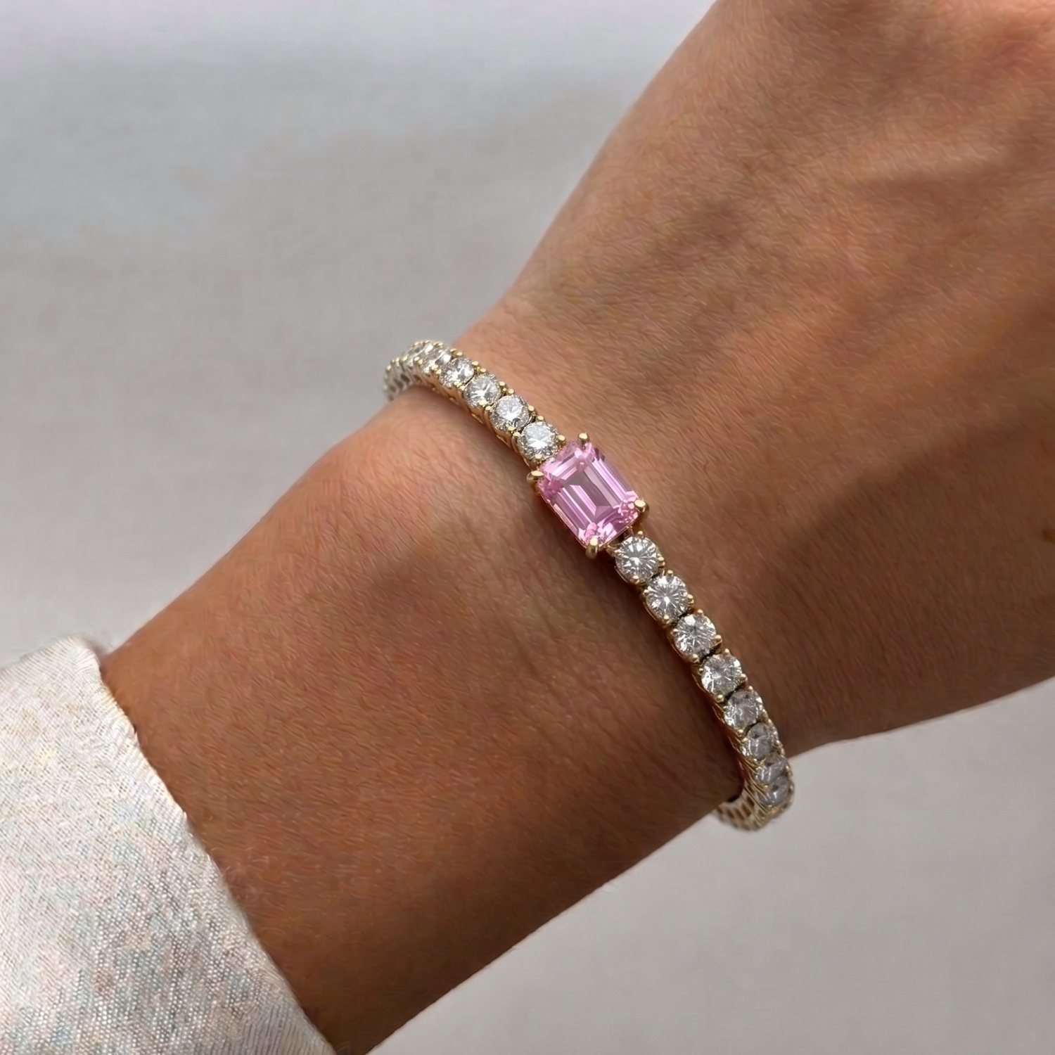 Emerald Cut Single Stone Natural Pink Sapphire & Diamond Tennis Bracelet