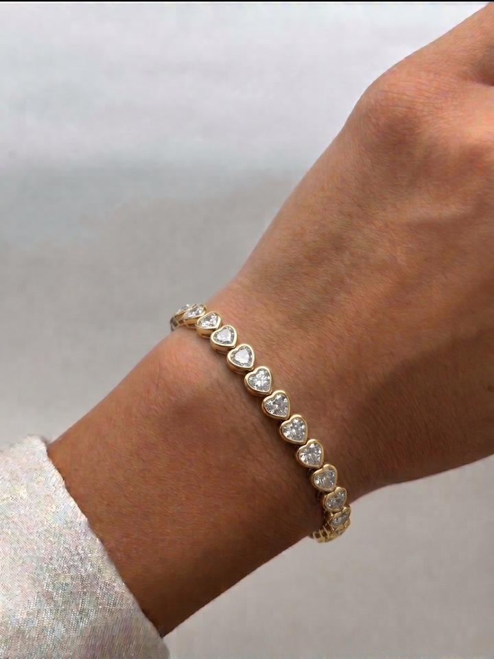 East to West Heart Shape Bezel Set Natural Diamond Tennis Bracelet 14K Solid Gold