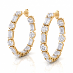 Alternating Emerald Cut and Round Natural Diamond Hoop Earrings YG 