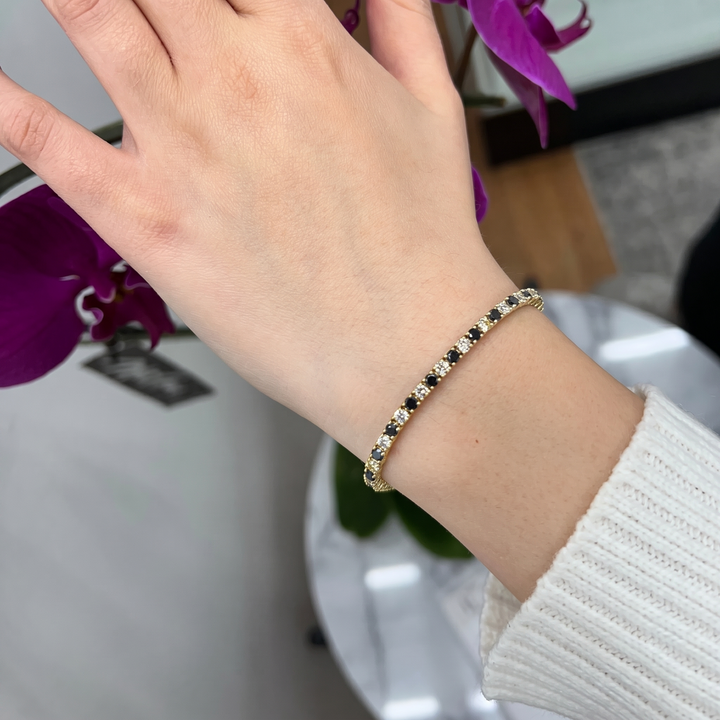 4-Prong Black and White Alternating Natural Diamond Tennis Bracelet 14K Solid Gold