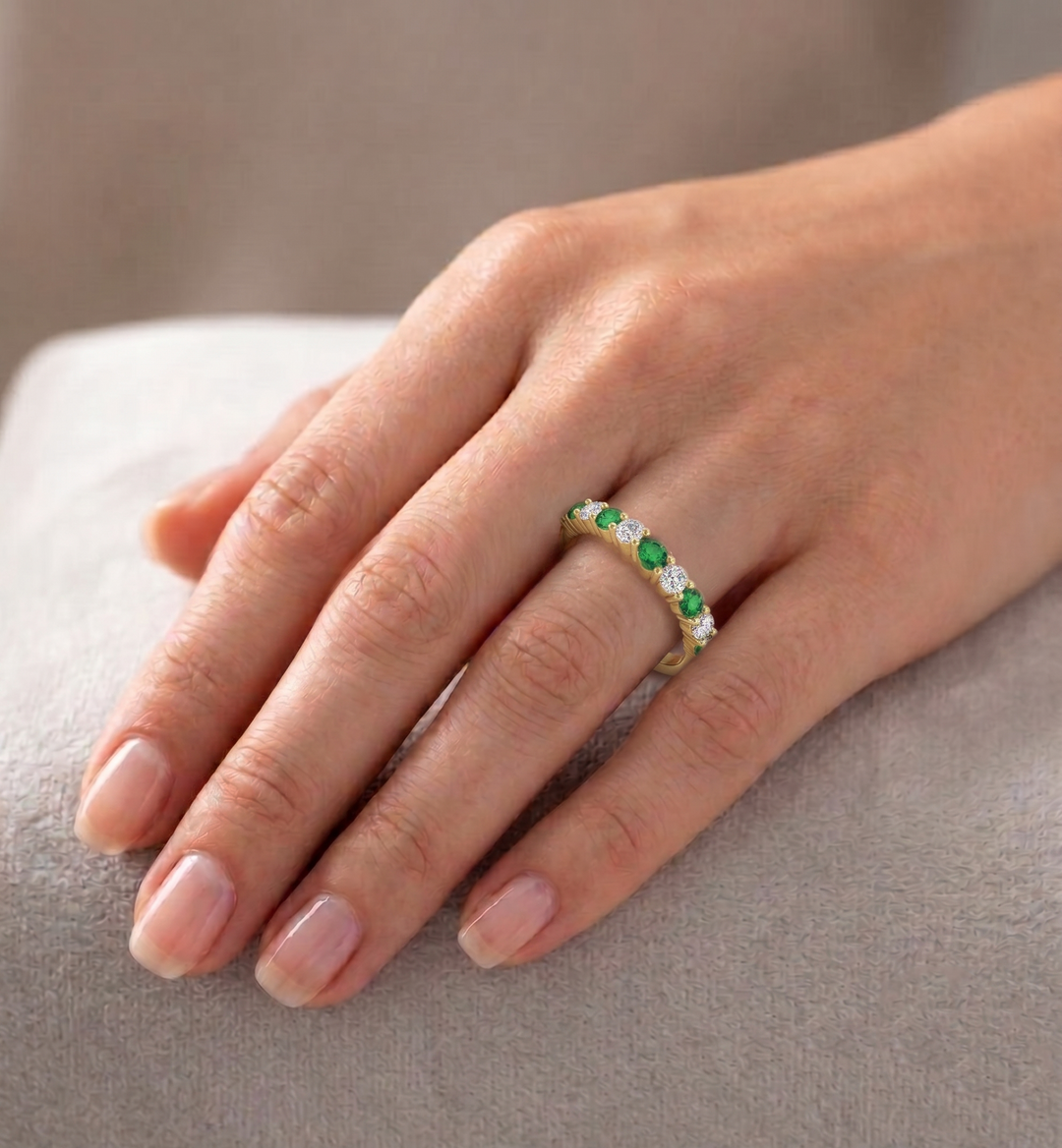 0.70CT Round Alternating Natural Green Emerald and Diamonds Halfway Eternity Band