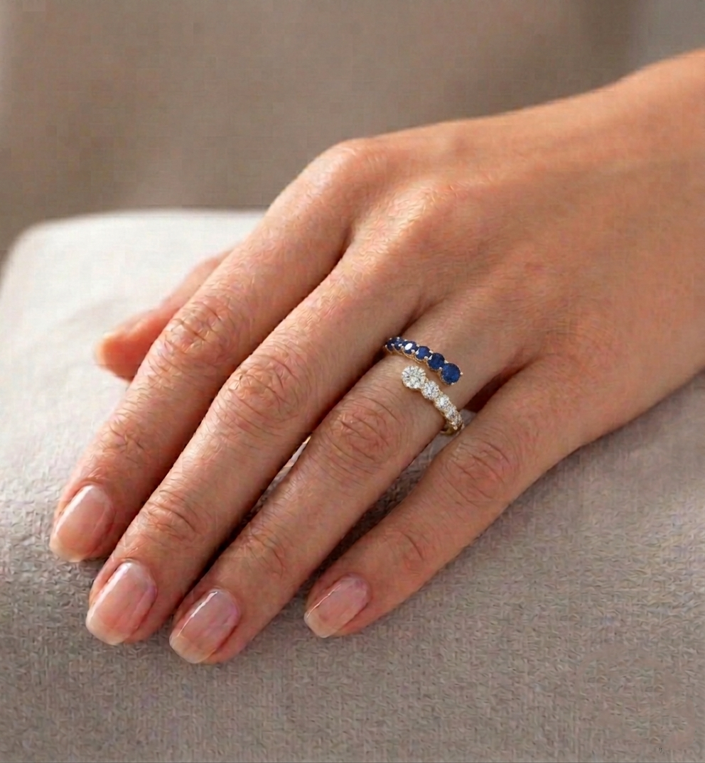 Round Cut Natural Blue Sapphire and Diamond Wrap Ring lifestyle YG
