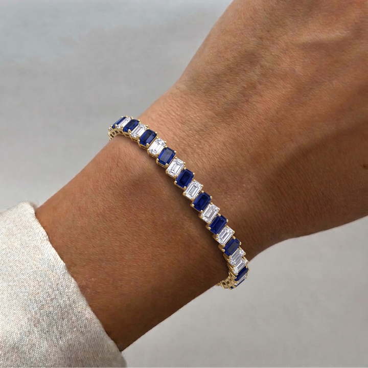 Alternating Emerald Shape Natural Blue Sapphire & Natural Diamond Diagonal Tennis Bracelet 14K Solid Gold