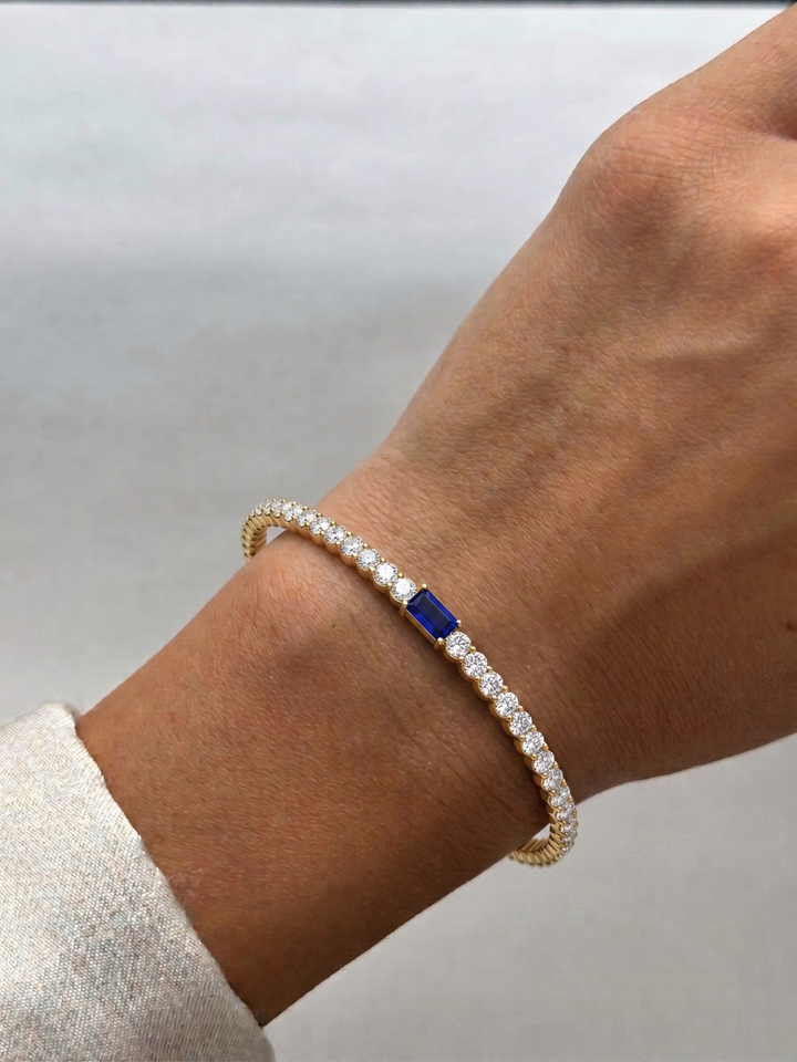 Willow - Baguette Natural Sapphire & Round Natural Diamond Flexible Bangle in 14K Solid Gold