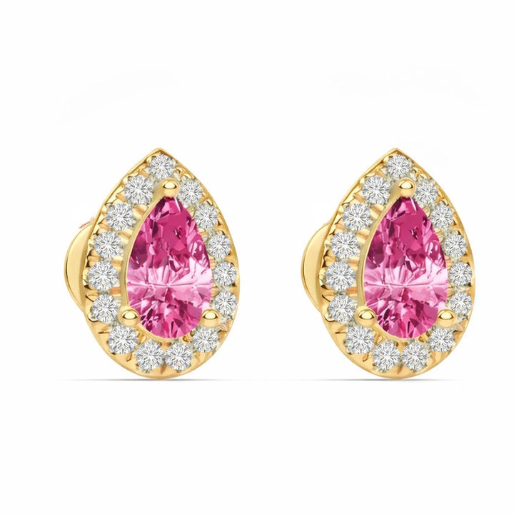 YG Pear Shape Natural Pink Sapphire & Diamond Halo Studs