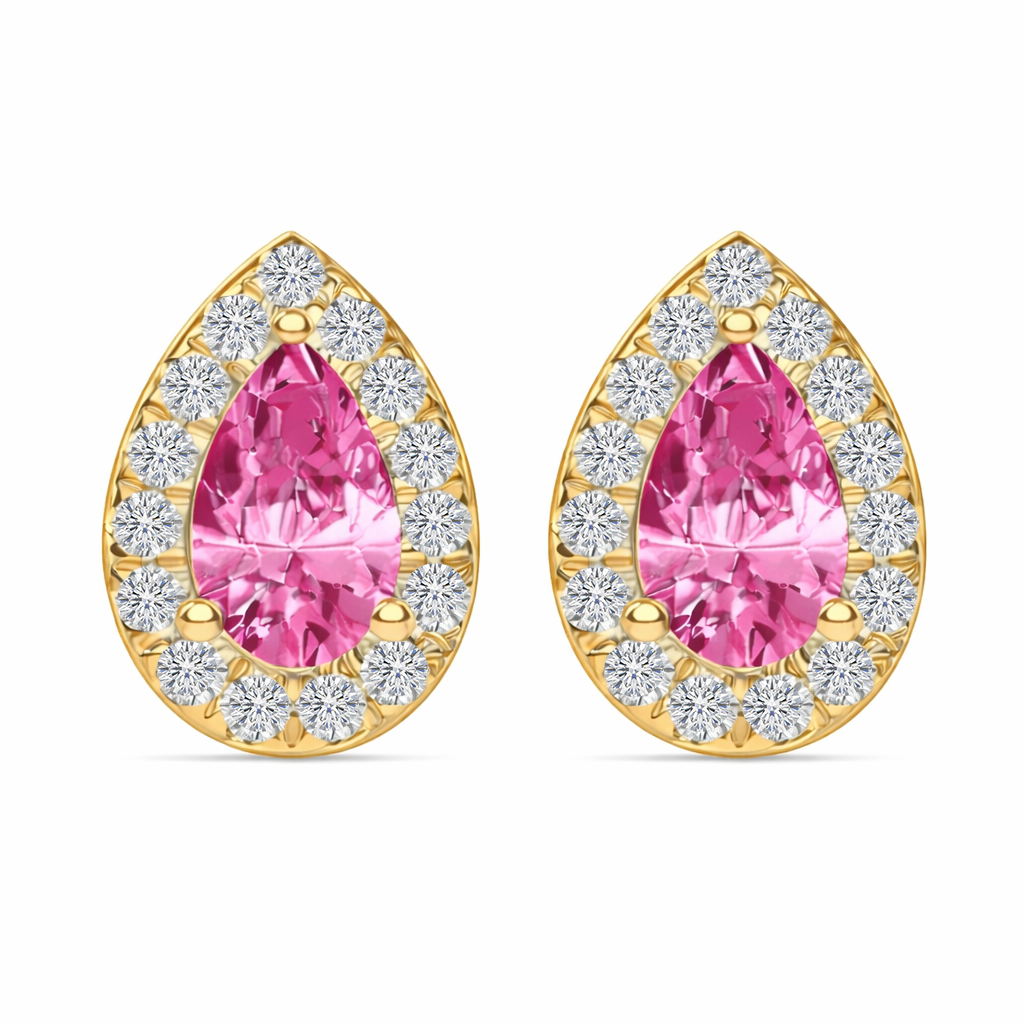 YG Pear Shape Natural Pink Sapphire & Diamond Halo Studs front view