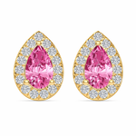 YG Pear Shape Natural Pink Sapphire & Diamond Halo Studs front view
