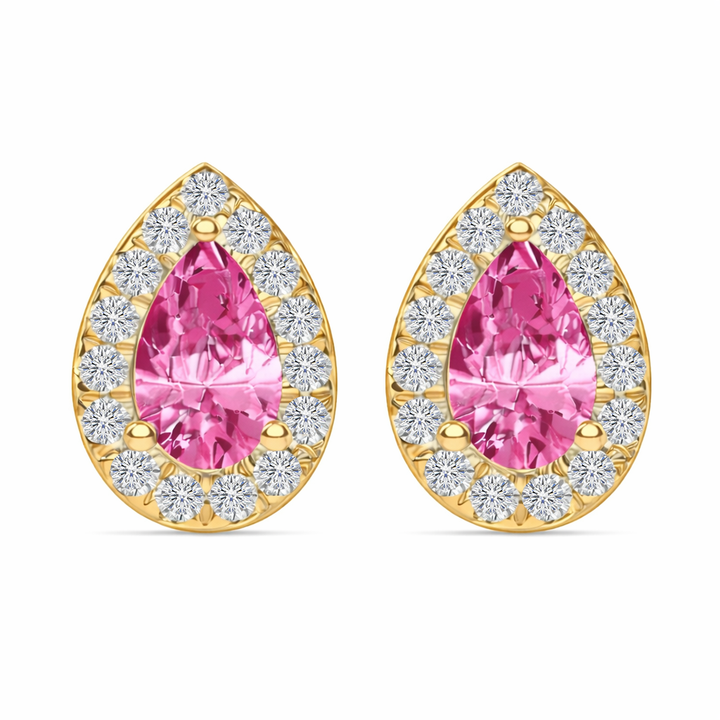 YG Pear Shape Natural Pink Sapphire & Diamond Halo Studs front view