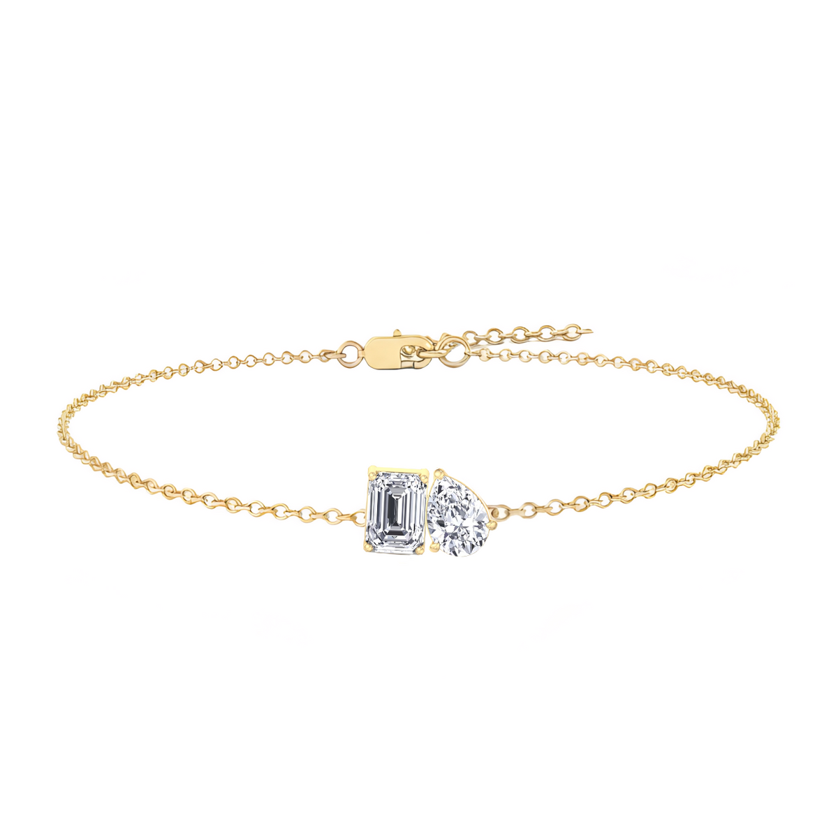 YG Emerald & Pear Shape in 4 Prong  Diamond Bracelet front view