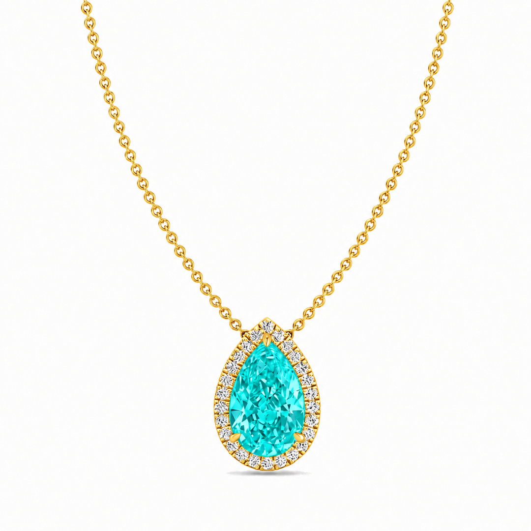 Pear Shape Halo Natural Paraiba Tourmaline Pendant Yellow Gold 18K