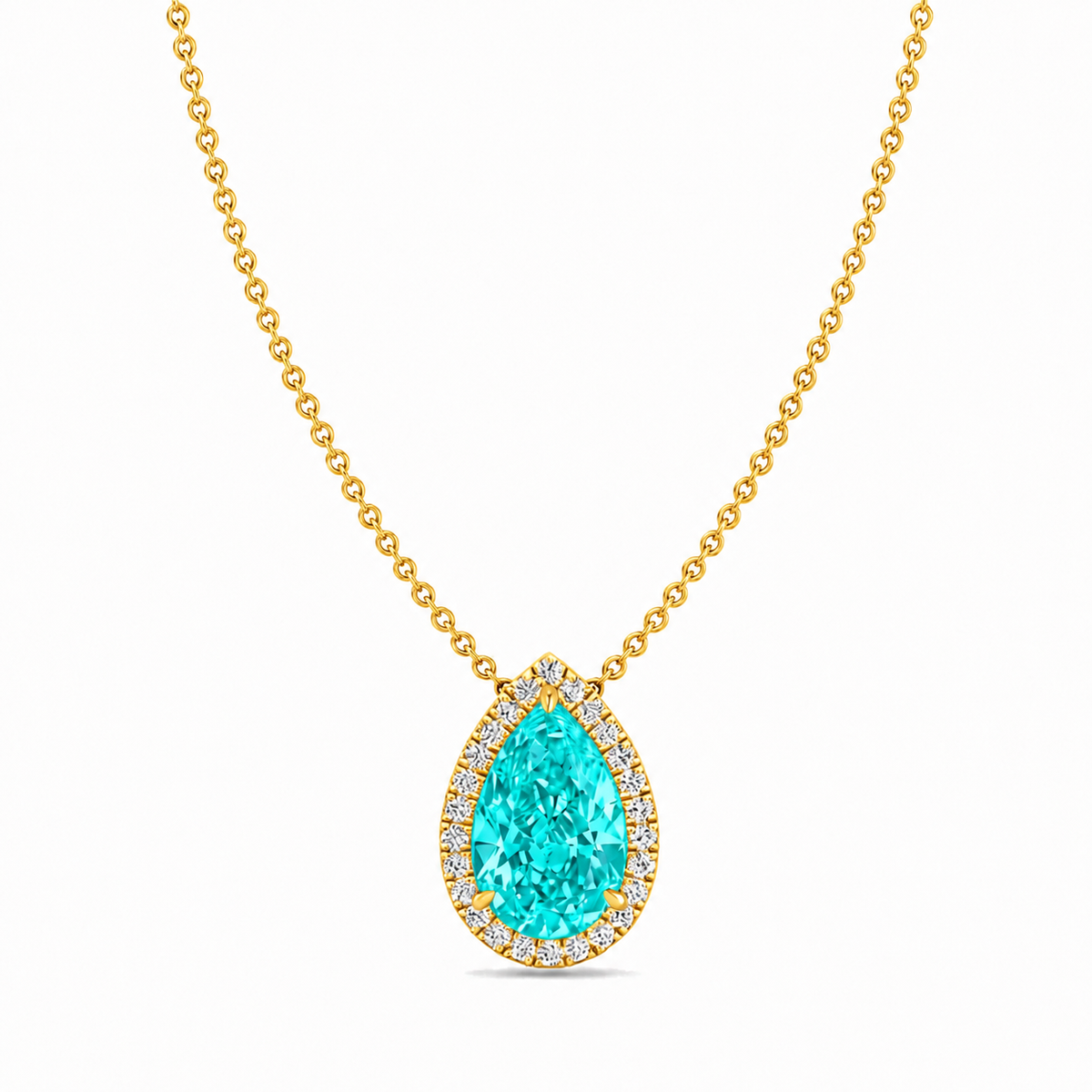 Pear Shape Halo Natural Paraiba Tourmaline Pendant Yellow Gold 18K