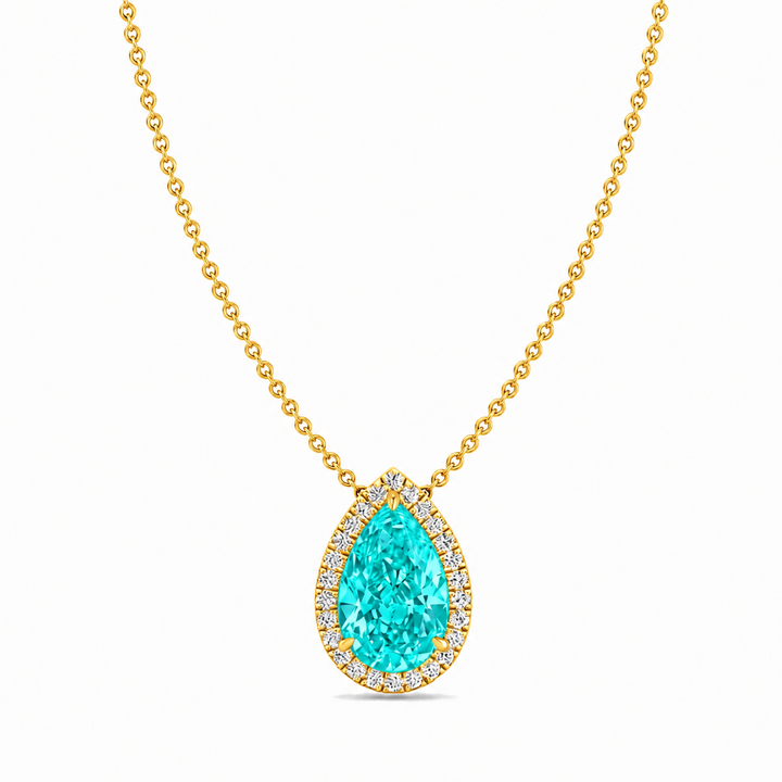 Pear Shape Halo Natural Paraiba Tourmaline Pendant Yellow Gold 18K