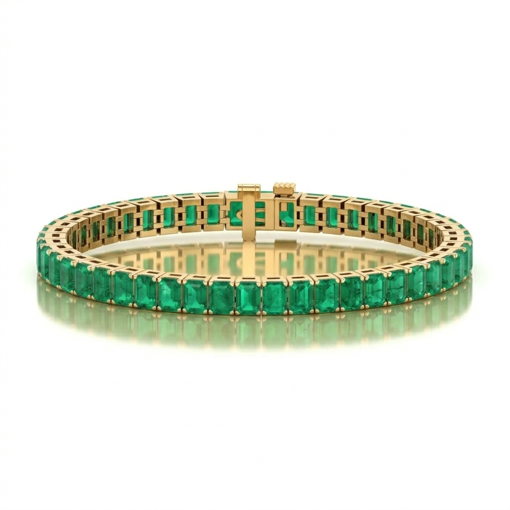 15CT Emerald Cut Natural Green Emerald Tennis Bracelet Yellow Gold 