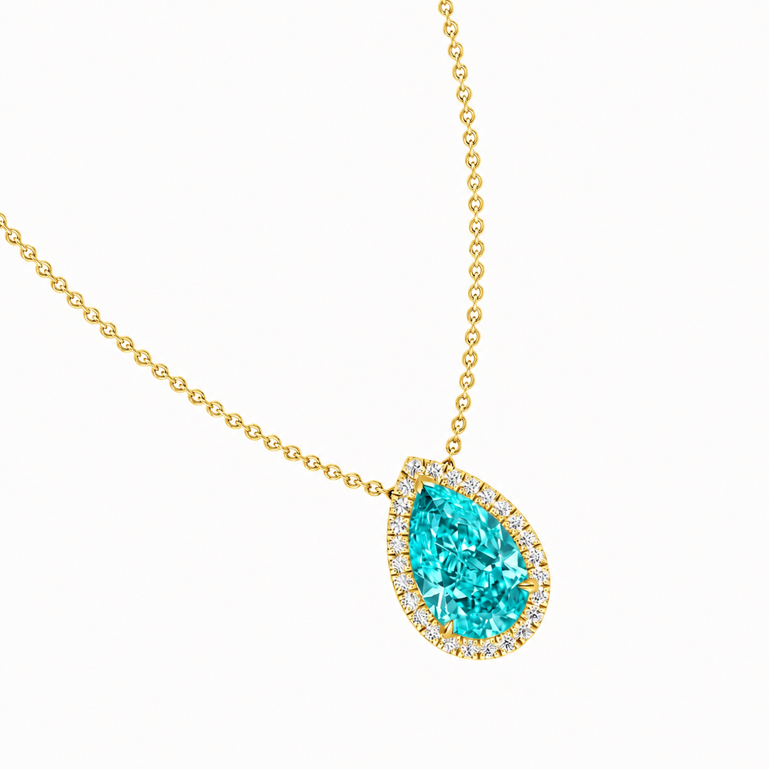 Pear Shape Halo Natural Paraiba Tourmaline Pendant Yellow Gold 14K