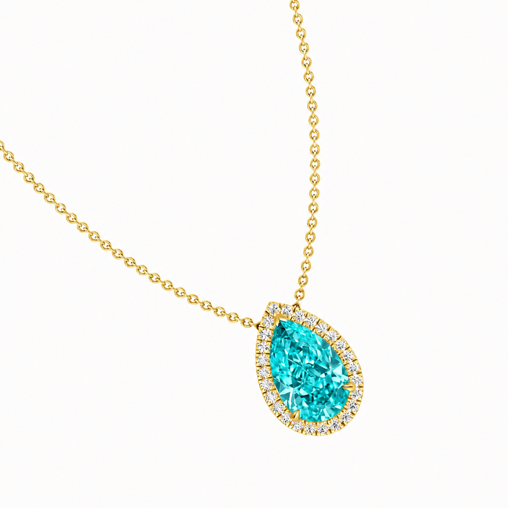 Pear Shape Halo Natural Paraiba Tourmaline Pendant Yellow Gold 14K
