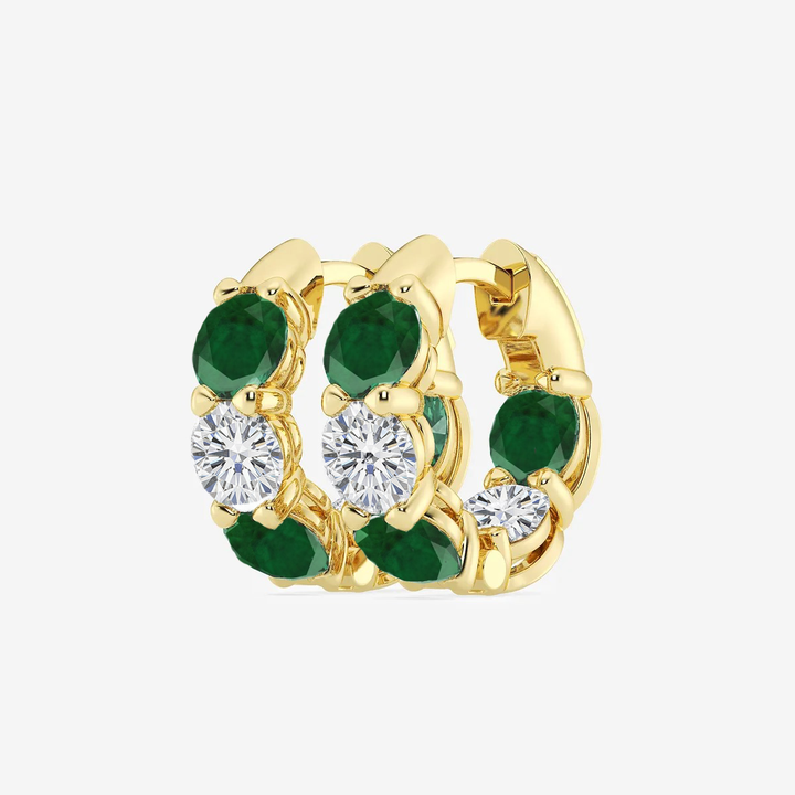 Yellow Gold Round Green Emerald Natural Diamond Earrings side view