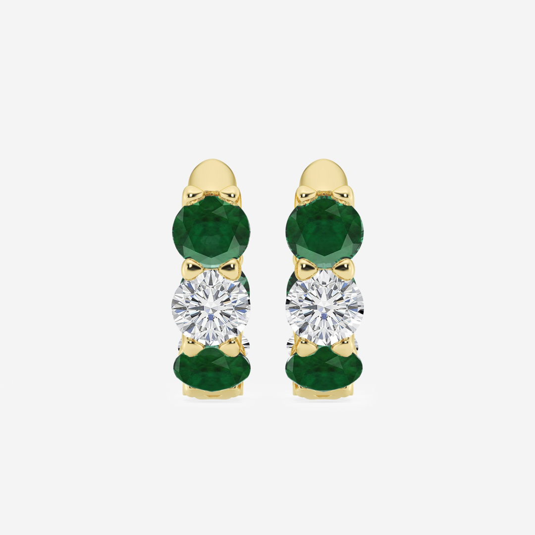 Yellow Gold Round Green Emerald Natural Diamond Earrings
