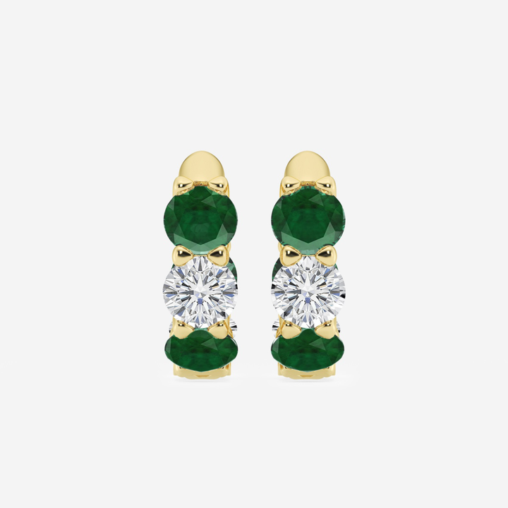Yellow Gold Round Green Emerald Natural Diamond Earrings