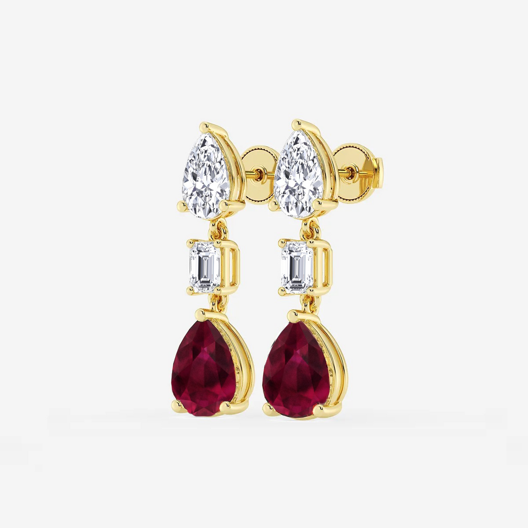 Yellow Gold Pear Shape Ruby Natural Diamond Drop Earring side view
