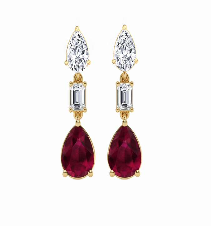 Pear Cut Red Ruby & Natural Diamond With Emerald Cut Diamond Halo Drop Earrings